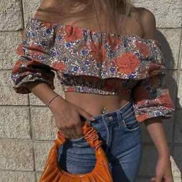 Zara Tops - Zara Orange Floral Off Shoulder Cropped Ballon Sleeve Top M Boho Prairie Baddie